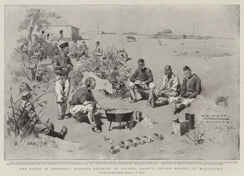 Der Aufstand in Rhodesien, berittene Infanterie der Kolonne von Colonel Paget beim Essen in Macloutsie